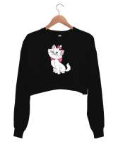 Bakımlı Sevimli Kedi - Sweet Cat Siyah Kadın Crop Sweatshirt - Tisho