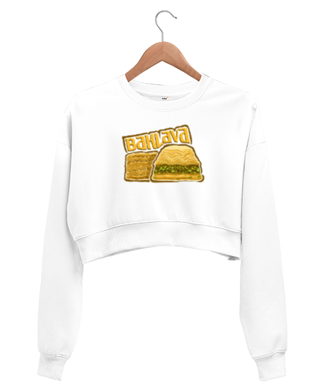 Tisho - Baklava baskılı Beyaz Kadın Crop Sweatshirt