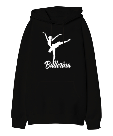 Tisho - Balerin - Ballerina - Bale - Ballet - V3 Siyah Oversize Unisex Kapüşonlu Sweatshirt