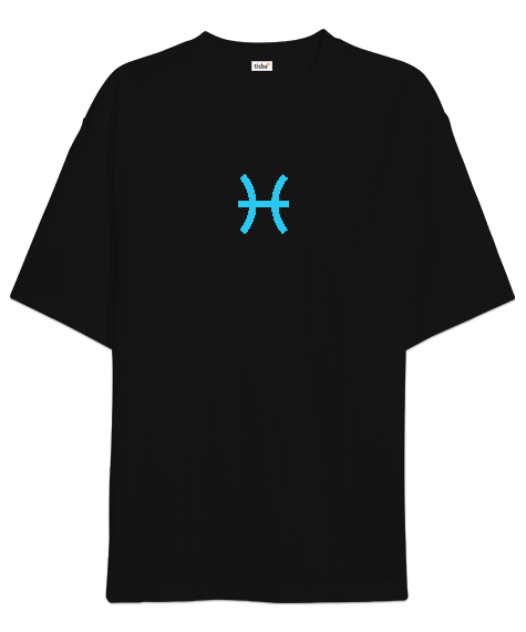 Tisho - Balık Burcu Baskılı Siyah Oversize Unisex Tişört