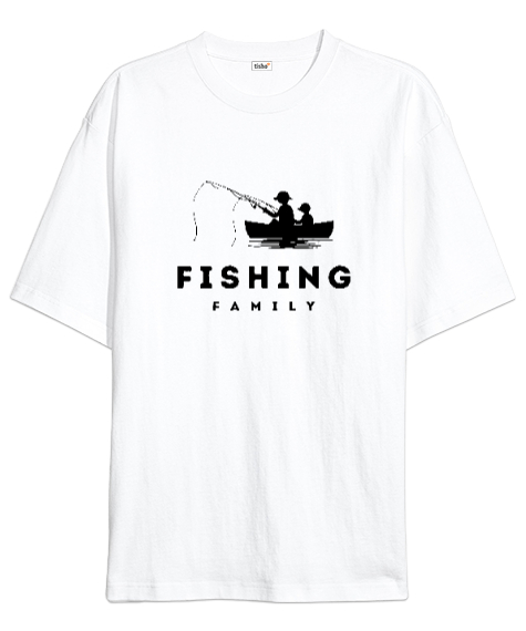 Tisho - Balıkçı Baba ve Oğul Aile Tekne Kamp Hayatı Özel Tasarım Beyaz Oversize Unisex Tişört