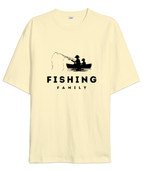 Tisho - Balıkçı Baba ve Oğul Aile Tekne Kamp Hayatı Özel Tasarım Krem Oversize Unisex Tişört