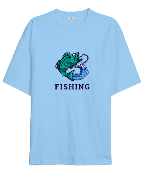 Tisho - Balıkçı Olta Özel Tasarım Kamp Hayatı ve Hobi Buz Mavisi Oversize Unisex Tişört