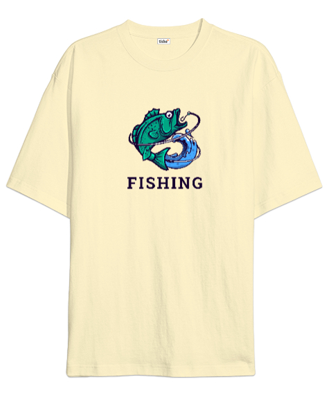 Tisho - Balıkçı Olta Özel Tasarım Kamp Hayatı ve Hobi Krem Oversize Unisex Tişört