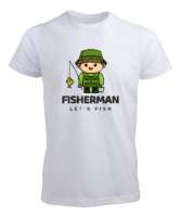 Balıkçı Olta Sevimli Yeşil Adam Özel Tasarım Kamp Hayatı ve Hobi Beyaz Erkek Tişört - Tisho