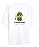 Balıkçı Olta Sevimli Yeşil Adam Özel Tasarım Kamp Hayatı ve Hobi Beyaz Oversize Unisex Tişört - Tisho