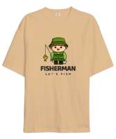Balıkçı Olta Sevimli Yeşil Adam Özel Tasarım Kamp Hayatı ve Hobi Camel Oversize Unisex Tişört - Tisho
