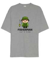 Balıkçı Olta Sevimli Yeşil Adam Özel Tasarım Kamp Hayatı ve Hobi Gri Oversize Unisex Tişört - Tisho