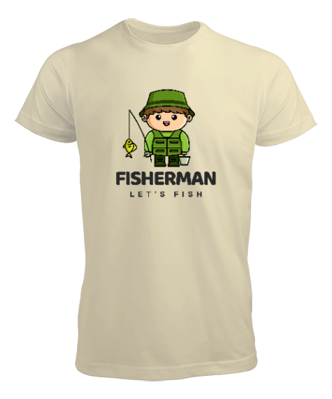 Tisho - Balıkçı Olta Sevimli Yeşil Adam Özel Tasarım Kamp Hayatı ve Hobi Krem Erkek Tişört