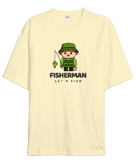Tisho - Balıkçı Olta Sevimli Yeşil Adam Özel Tasarım Kamp Hayatı ve Hobi Krem Oversize Unisex Tişört