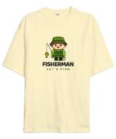 Balıkçı Olta Sevimli Yeşil Adam Özel Tasarım Kamp Hayatı ve Hobi Krem Oversize Unisex Tişört - Tisho