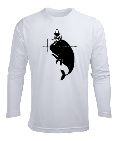 Tisho - Balıkçı ve Balina - Fishing Beyaz Erkek Uzun Kol Yazlık Tişört