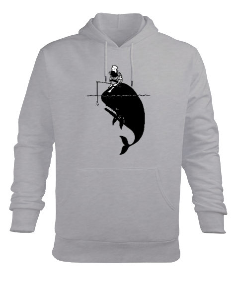 Tisho - Balıkçı ve Balina - Fishing Gri Erkek Kapüşonlu Hoodie Sweatshirt