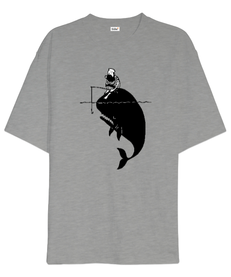 Tisho - Balıkçı ve Balina - Fishing Gri Oversize Unisex Tişört