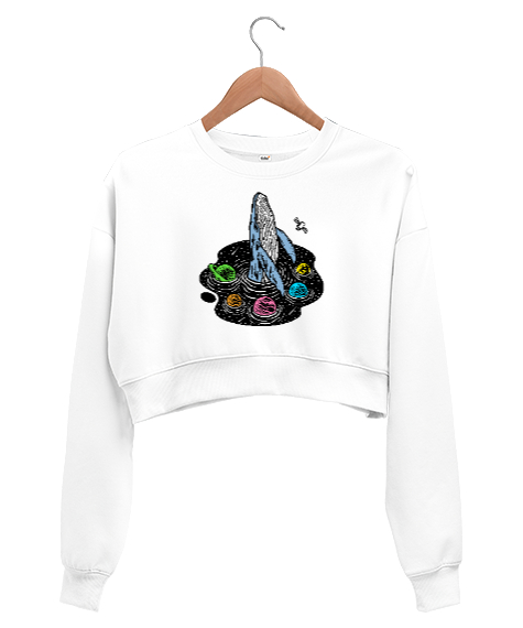 Tisho - Balina ve Gezegenler Beyaz Kadın Crop Sweatshirt