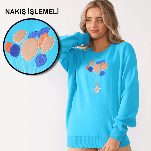 Tisho - Balon Desenli Nakış İşlemeli Turkuaz Kadın Sweatshirt