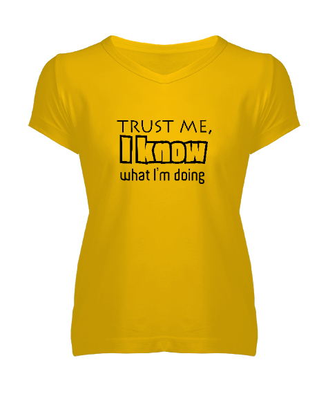Tisho - Bana Güven Ne Yaptığımı Biliyorum - Trust Me Sarı Kadın V Yaka Tişört