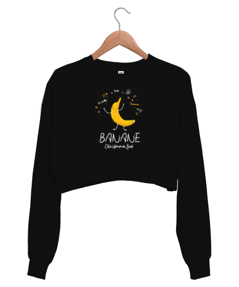 Tisho - Banane - Banana - Bana Ne Komik V2 Siyah Kadın Crop Sweatshirt