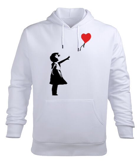 Tisho - Banksy Letting Love Go Balloon Girl Baskılı Beyaz Erkek Kapüşonlu Hoodie Sweatshirt
