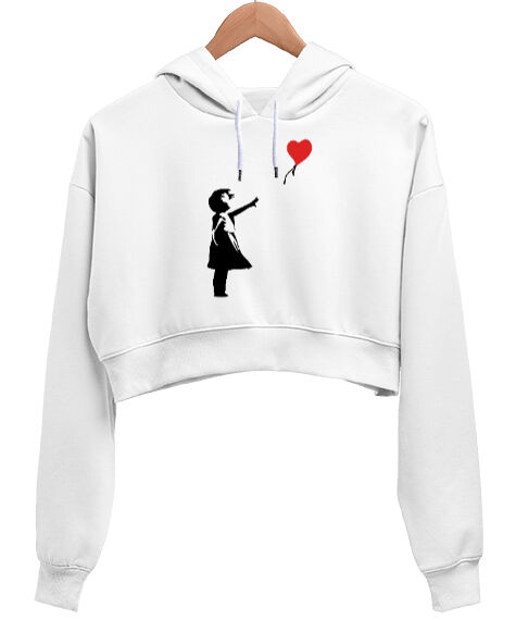 Tisho - Banksy Letting Love Go Balloon Girl Baskılı Beyaz Kadın Crop Hoodie Kapüşonlu Sweatshirt