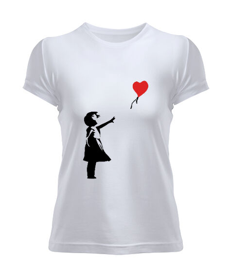 Tisho - Banksy Letting Love Go Balloon Girl Baskılı Beyaz Kadın Tişört