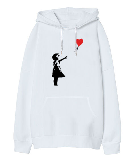 Tisho - Banksy Letting Love Go Balloon Girl Baskılı Beyaz Oversize Unisex Kapüşonlu Sweatshirt