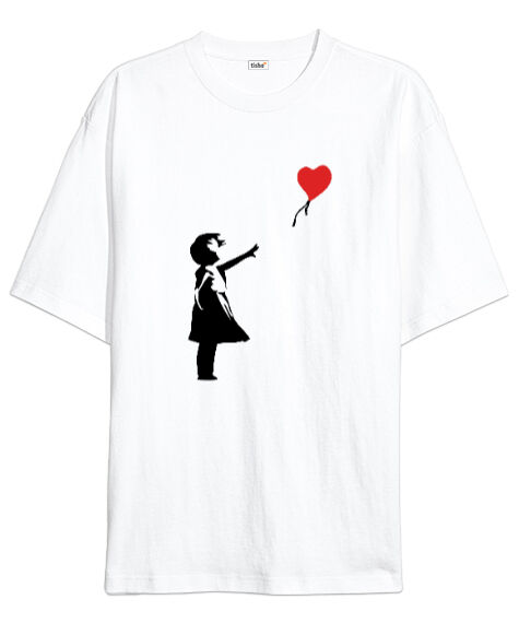 Tisho - Banksy Letting Love Go Balloon Girl Baskılı Beyaz Oversize Unisex Tişört