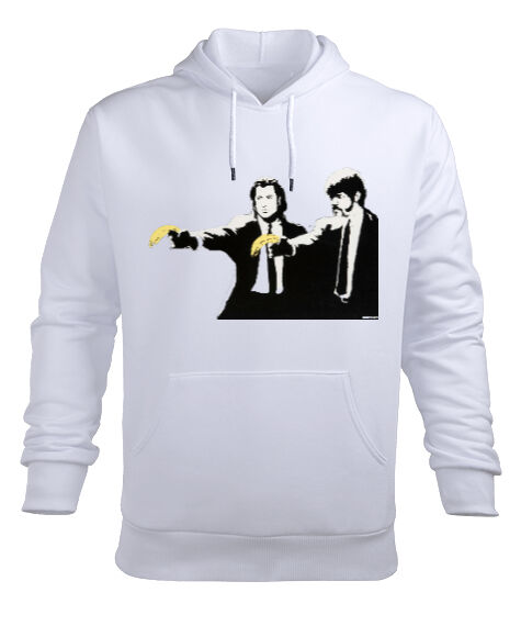 Tisho - Banksy Pulp Fiction Banana Guns Beyaz Erkek Kapüşonlu Hoodie Sweatshirt