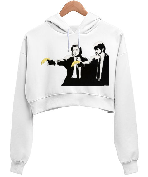 Tisho - Banksy Pulp Fiction Banana Guns Beyaz Kadın Crop Hoodie Kapüşonlu Sweatshirt