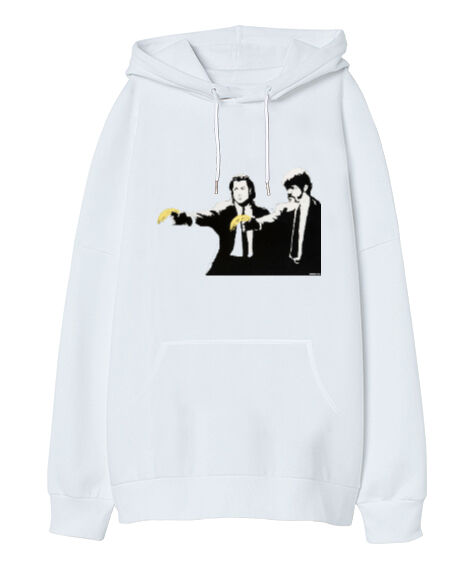 Tisho - Banksy Pulp Fiction Banana Guns Beyaz Oversize Unisex Kapüşonlu Sweatshirt