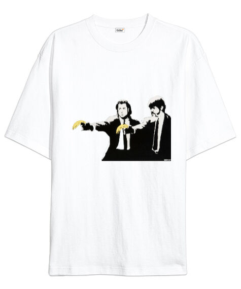 Tisho - Banksy Pulp Fiction Banana Guns Beyaz Oversize Unisex Tişört