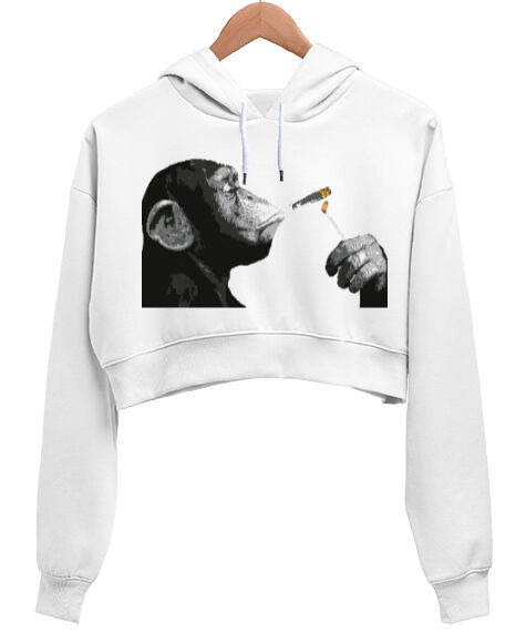 Tisho - Banksy Steez Chimp Monkey Beyaz Kadın Crop Hoodie Kapüşonlu Sweatshirt