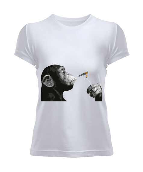Tisho - Banksy Steez Chimp Monkey Beyaz Kadın Tişört