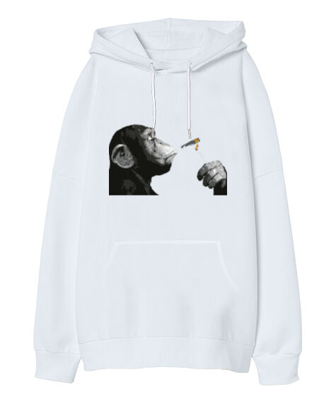 Tisho - Banksy Steez Chimp Monkey Beyaz Oversize Unisex Kapüşonlu Sweatshirt