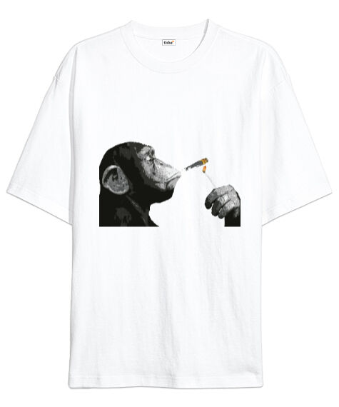 Tisho - Banksy Steez Chimp Monkey Beyaz Oversize Unisex Tişört
