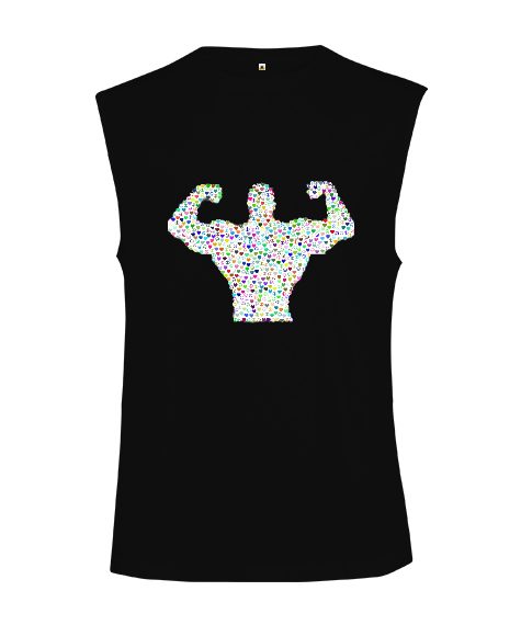 Tisho - Barış İşaretli Kaslı Sporcu Adam Siyah Kesik Kol Unisex Tişört