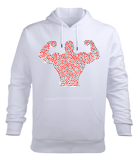 Tisho - Barış İşaretli ve Kalpli Kaslı Sporcu Adam Beyaz Erkek Kapüşonlu Hoodie Sweatshirt