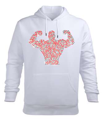 Barış İşaretli ve Kalpli Kaslı Sporcu Adam Beyaz Erkek Kapüşonlu Hoodie Sweatshirt - Tisho