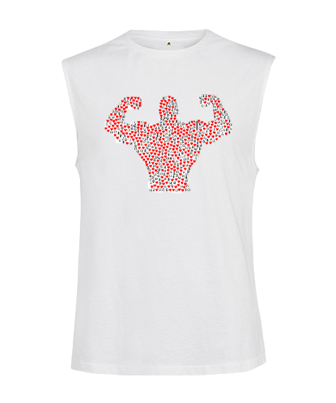 Tisho - Barış İşaretli ve Kalpli Kaslı Sporcu Adam Beyaz Kesik Kol Unisex Tişört