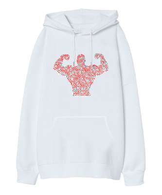 Barış İşaretli ve Kalpli Kaslı Sporcu Adam Beyaz Oversize Unisex Kapüşonlu Sweatshirt - Tisho