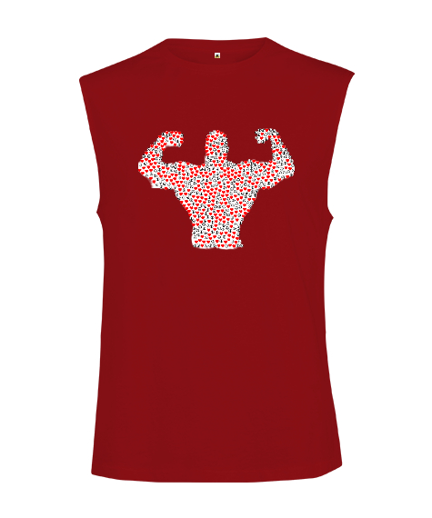 Tisho - Barış İşaretli ve Kalpli Kaslı Sporcu Adam Kırmızı Kesik Kol Unisex Tişört