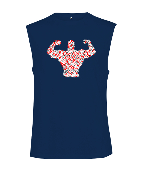 Barış İşaretli ve Kalpli Kaslı Sporcu Adam Lacivert Kesik Kol Unisex Tişört