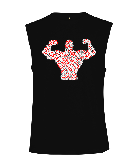 Tisho - Barış İşaretli ve Kalpli Kaslı Sporcu Adam Siyah Kesik Kol Unisex Tişört