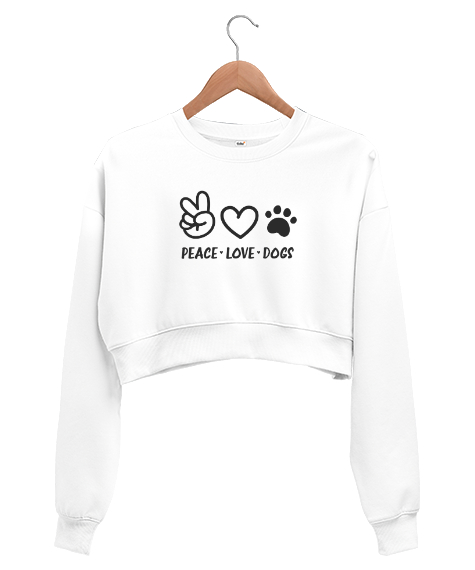 Tisho - Barış Sevgi ve Köpek Patisi - Peace Love Beyaz Kadın Crop Sweatshirt
