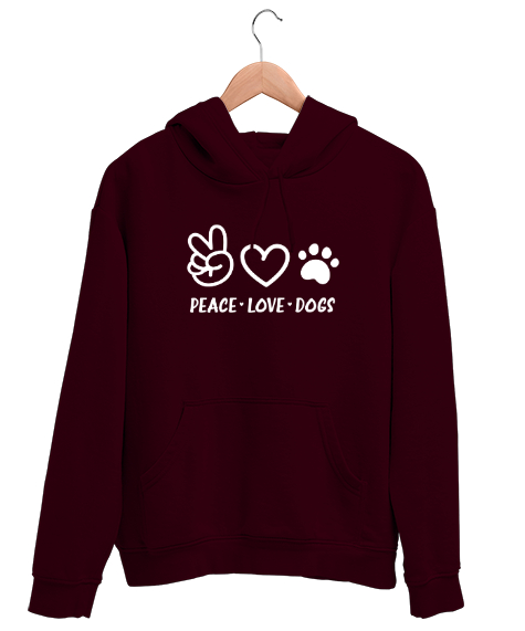 Tisho - Barış Sevgi ve Köpek Patisi - Peace Love Bordo Unisex Kapşonlu Sweatshirt
