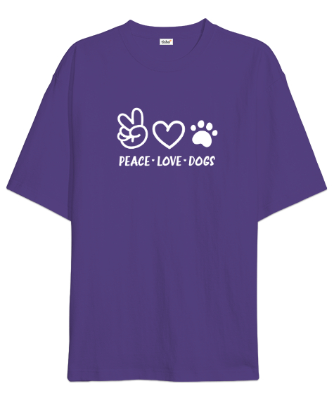 Tisho - Barış Sevgi ve Köpek Patisi - Peace Love Mor Oversize Unisex Tişört