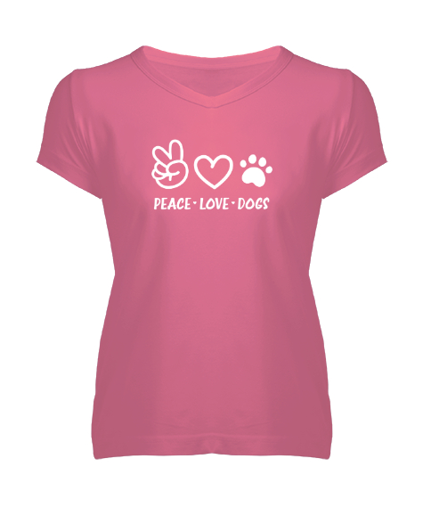 Tisho - Barış Sevgi ve Köpek Patisi - Peace Love Pembe Kadın V Yaka Tişört