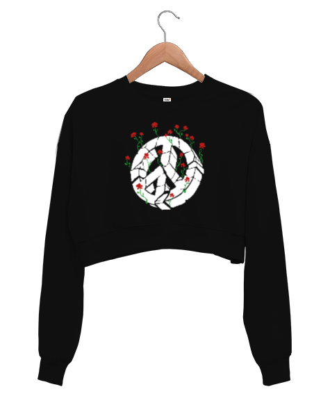 Tisho - Barış ve Güller - Peace And Roses Siyah Kadın Crop Sweatshirt