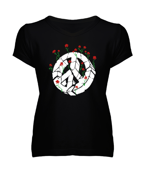 Tisho - Barış ve Güller - Peace And Roses Siyah Kadın V Yaka Tişört