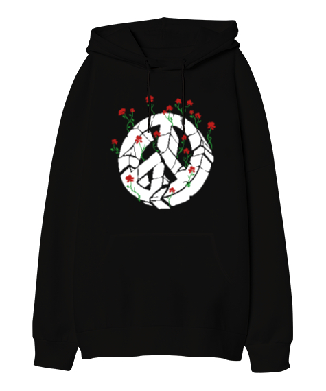 Tisho - Barış ve Güller - Peace And Roses Siyah Oversize Unisex Kapüşonlu Sweatshirt